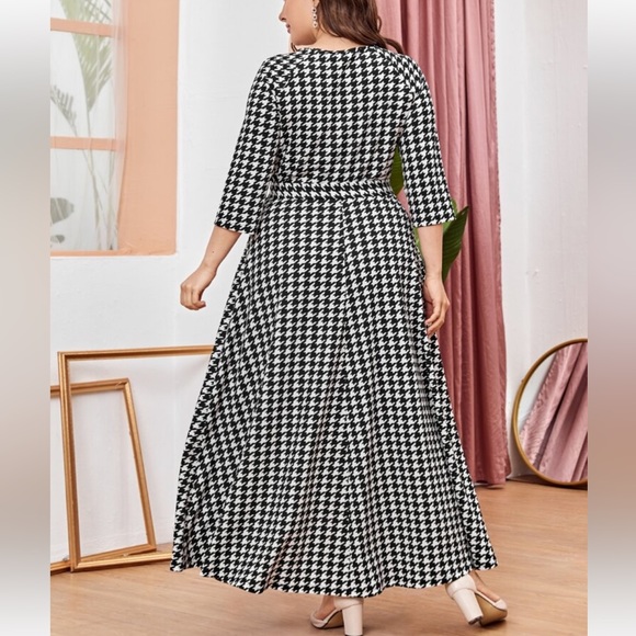 Classic Elegant Houndstooth Belted Long Sleeve Dress Black White - Picture 2 of 5